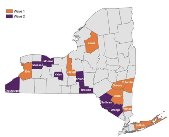 Map of the HCS study participating counties: Broome, Cayuga, Chautauqua, Columbia, Cortland, Erie, Genesee, Greene, Lewis, Monroe, Orange, Putnam, Suffolk, Sullivan, Ulster, and Yates Counties